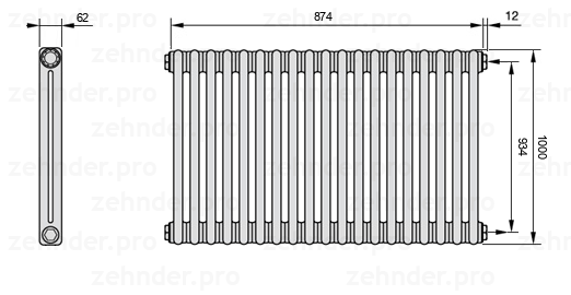 Схема (чертеж) Радиатор Zehnder Charleston 2100/19 №7610 Белый глянцевый RAL 9016